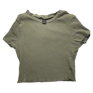 Shein Army Green Rib-Knit Lettuce Trim Tee Size Medium‎